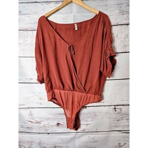 Free People Intimately Womens Bodysuit Large Red Blouse Tie Closure Snap Bottom